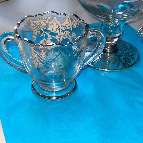 VTG Glass Sugar Bowl Footed with Etched With Silver Trim And Flowers, set of 3 - Picture 4 of 6